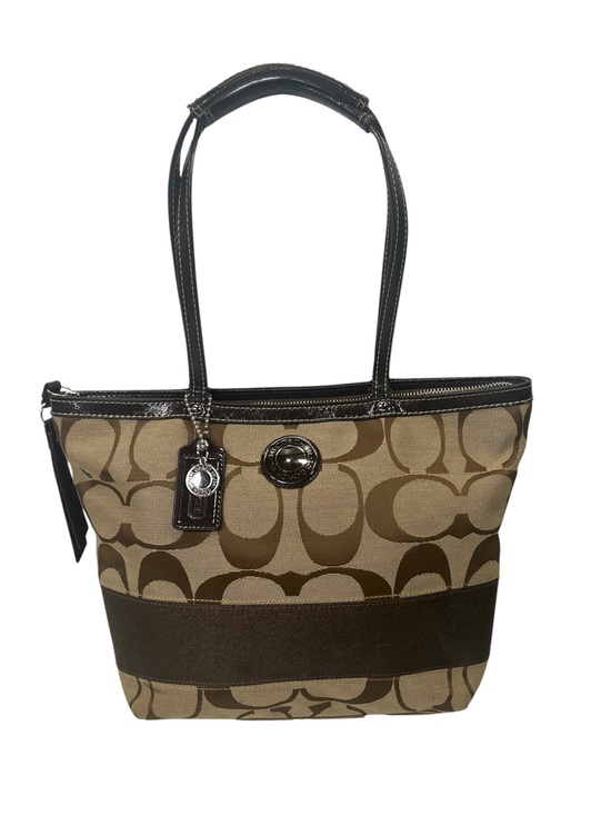 Coach Handbags - COACH Y2K Signature Canvas W Leather Stripe Tote Bag Purse Brown F19046